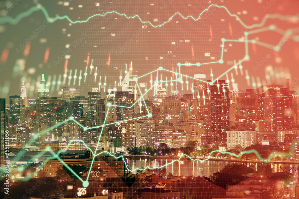 Fototapeta premium Double exposure of forex chart drawings over cityscape background. Concept of success.