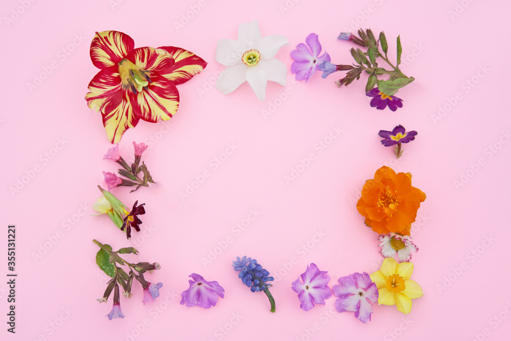 Summer garden flowers frame on the pink background.