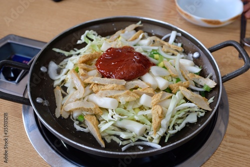 Gongju/Republic of Korea-January 18, 2020 : Picture taken at korean snack restaurant 'Joongang Boonsik'. There are tteokbokki ingredients and sauce in the pot. 