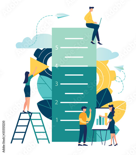 Business concept vector illustration, small people measure how many have reached the goal, the goal has reached the level