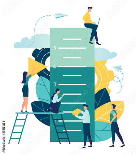 Business concept vector illustration, small people measure how many have reached the goal, the goal has reached the level