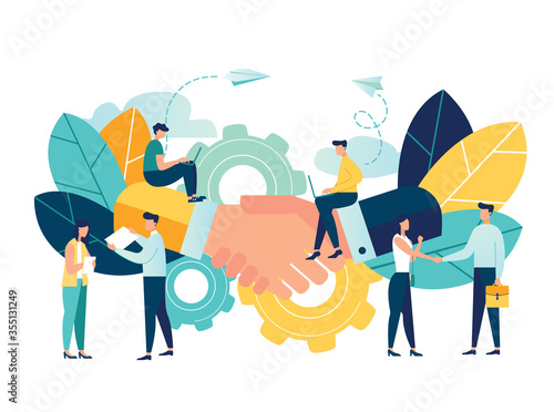 Business concept vector illustration, partnership concept, agreement of parties, hand shake, signing documents