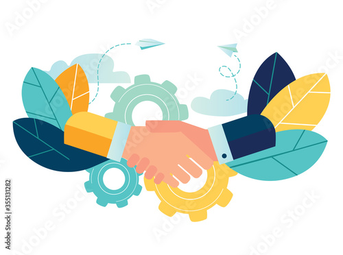 Business concept vector illustration, partnership concept, agreement of parties, hand shake, signing documents