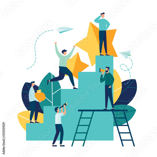 Business concept vector illustration, little people climb the corporate ladder, the concept of career growth, career planning