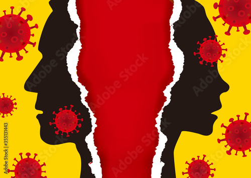 

Divorced couple, quarantine as test of relationship. 
Ripped paper with man and woman stylized silhouettes and coronavirus. Vector available.