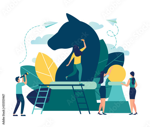 Vector business illustration, businessmen plan a business plan strategy, concept of strategic movement, great chess