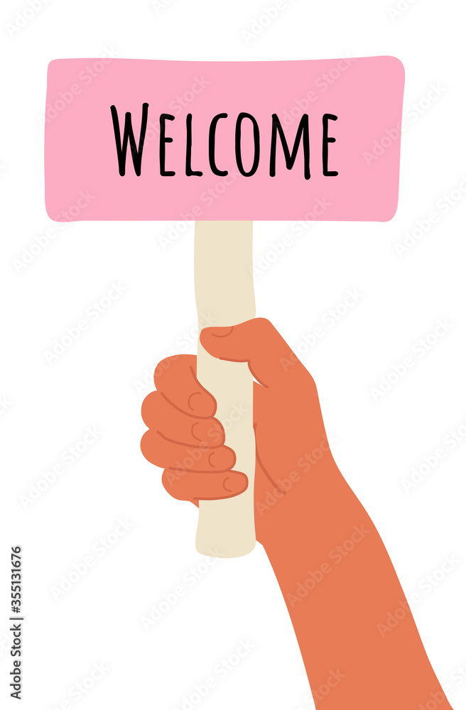 placard in hand. Cartoon vector illustration of Welcome banner in human hand on white background. Test question. Choice hesitate, dispute, opposition, choice, dilemma, opponent view. Beige shaft and placard in hand. Cartoon vector illustration of Welcome banner in human hand on white background. Test question. Choice hesitate, dispute, opposition, choice, dilemma, opponent view. Beige shaft and