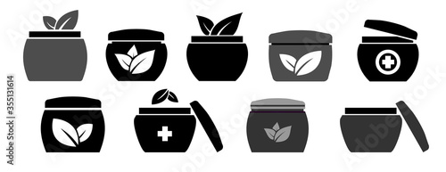 Set Vector icons of jars with natural cream. Icon environmental skin cream.