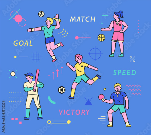 Cute volleyball, soccer, basketball, baseball, table tennis and athlete characters.