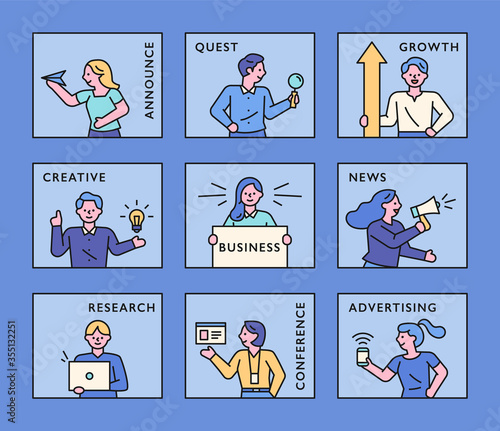 Various business work character icons.