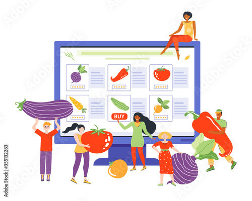 Online order of fresh vegetables on the grocery store website. Male and female characters are shopping via web. Selling products in an online supermarket. Diet and healthy eating. Vector illustrations