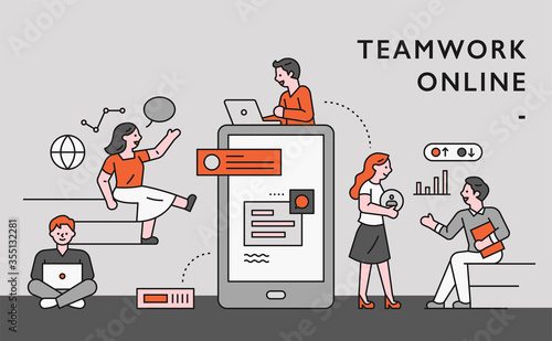 Huge mobile and business team around. Online network decoration.