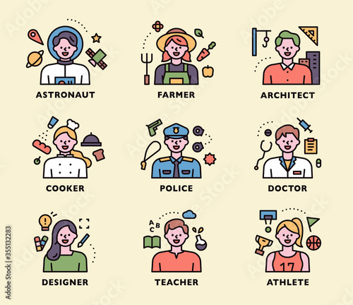 Characters and icons of various professions in outline style.