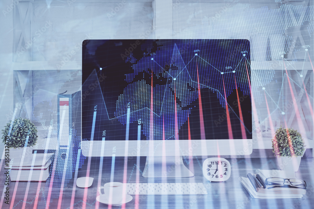 Forex graph hologram on table with computer background. Double exposure. Concept of financial markets. Forex graph hologram on table with computer background. Double exposure. Concept of financial markets.
