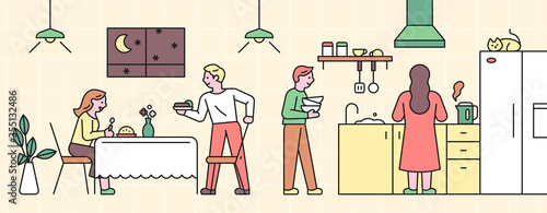 People are having dinner together and cleaning together.