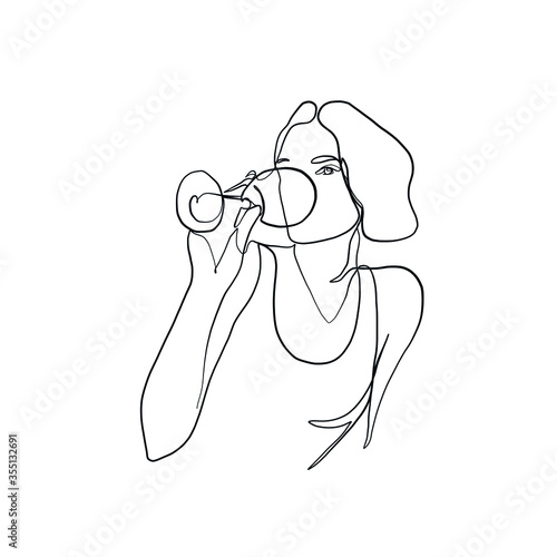 Girl drinks wine or champagne from a glass. Linear silhouette of a woman with a glass goblet. Drawing in one continuous line. Linear glamour logo in minimal for  wine label. 