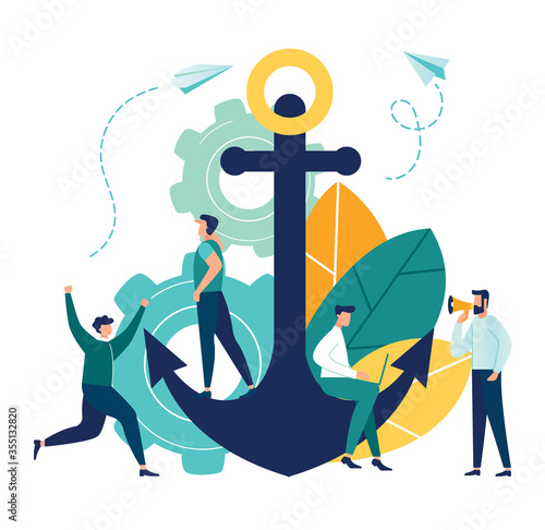 Vector business illustration, leadership qualities in the creative team, direction on the successful path, team work on the start up, confident approach to work