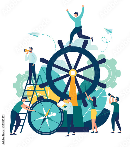Vector business illustration, leadership qualities in a creative team, direction on a successful path, teamwork on startup