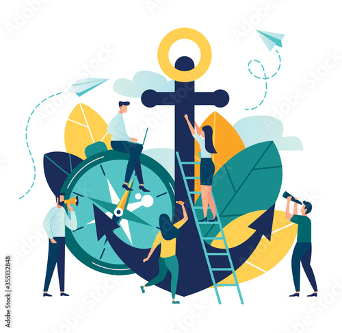 Vector business illustration, leadership qualities in the creative team, direction on the successful path, team work on the start up, confident approach to work