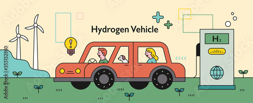 People are going on a trip in an eco-friendly car. flat design style minimal vector illustration.