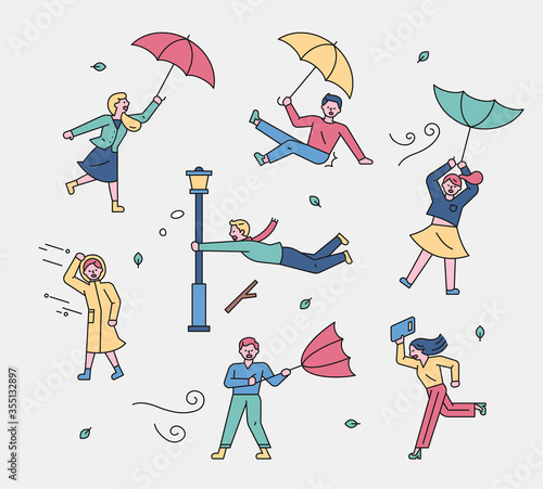 flat design style minimal vector illustration. It was raining and typhoons blowing, so people who were wearing umbrellas were flying.