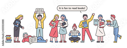 People are standing in line and reading books. hand drawn style vector design illustrations. 