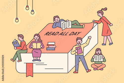 People are sitting around the huge books and reading books. hand drawn style vector design illustrations. 