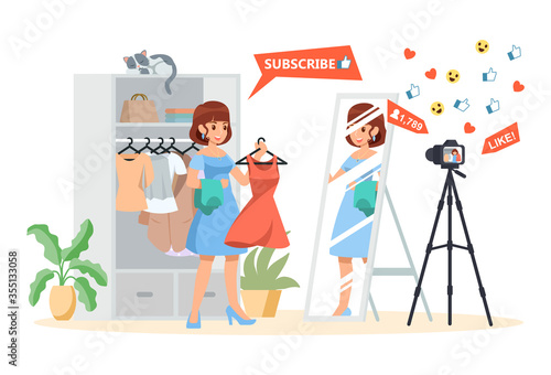 Female streaming Fashion video bloggers at home. Vlogger making clothing, dress, online shopping content. Famous creative influencers. Vector illustration flat design for banner, and website.