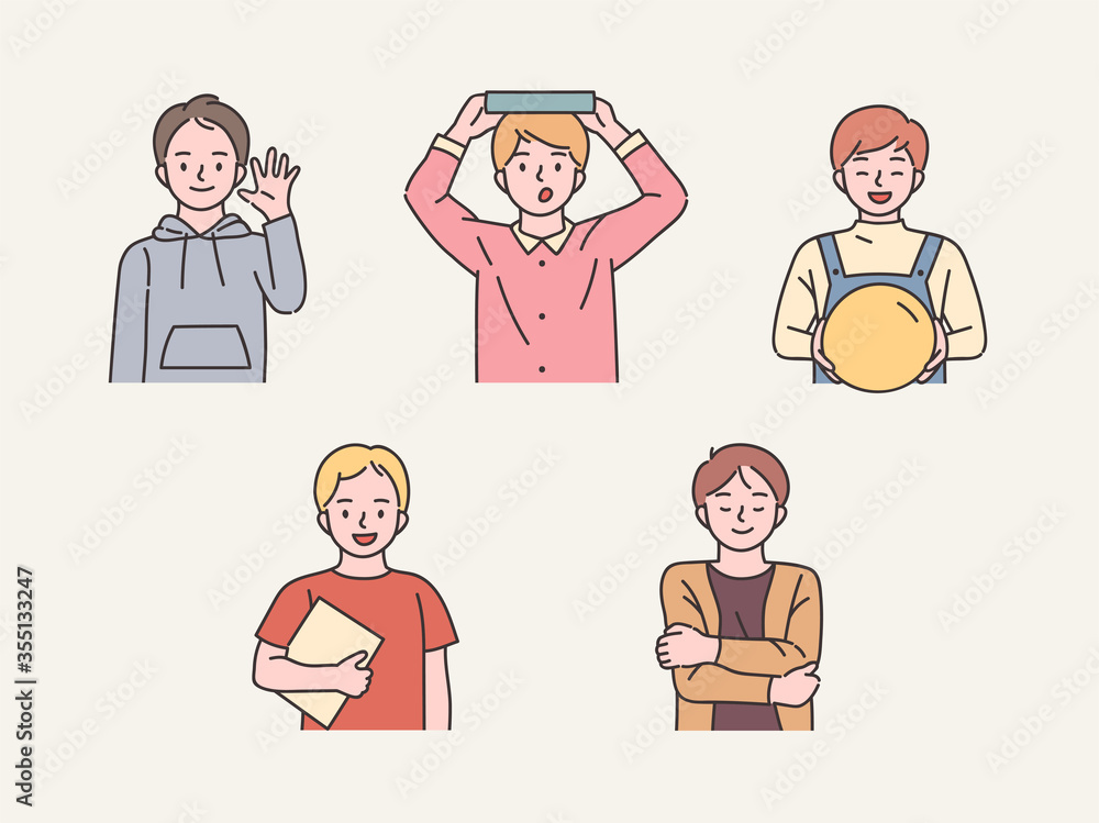 Fototapeta premium various cute young boy character set. flat design style minimal vector illustration.