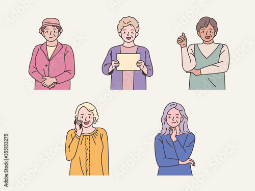 various style fashion old woman character set. flat design style minimal vector illustration.