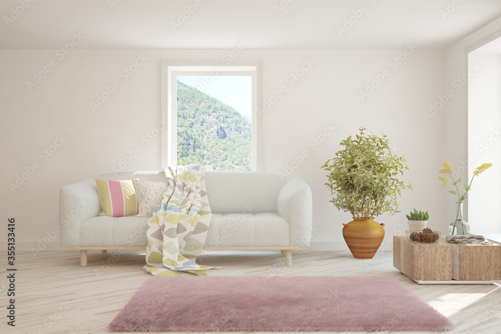 Fototapeta premium White stylish minimalist room with sofa. Scandinavian interior design. 3D illustration