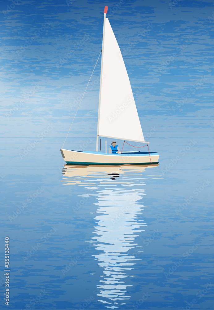 Lonely sailor in his boat in the blue sea with reflection on water