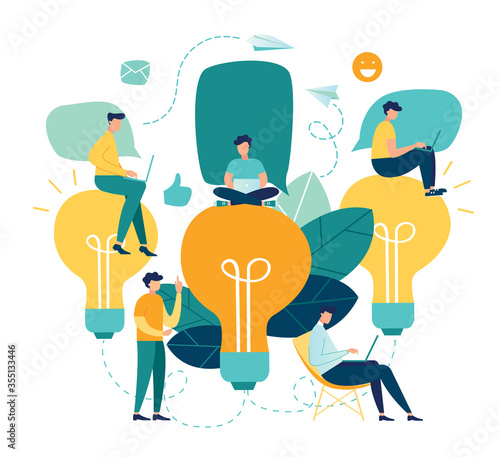Vector flat illustration, business meeting and brainstorming, business concept for teamwork, searching for new solutions, little people are sitting on light bulbs in search of ideas