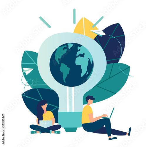 Vector flat illustration, little people prepare for Earth day, save energy, Earth hour, correspond with different countries, communicate through networks