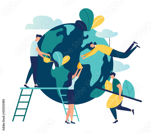 Vector flat illustration, little men prepare for the day of the Earth, save the planet, save energy, the hour of the Earth, the concept of the Earth day