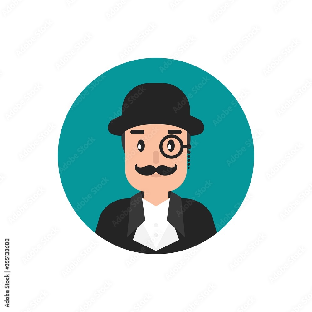 Gentleman avatar in blue circle. Man's head with moustache, lorgnette glasses and bowler hat.