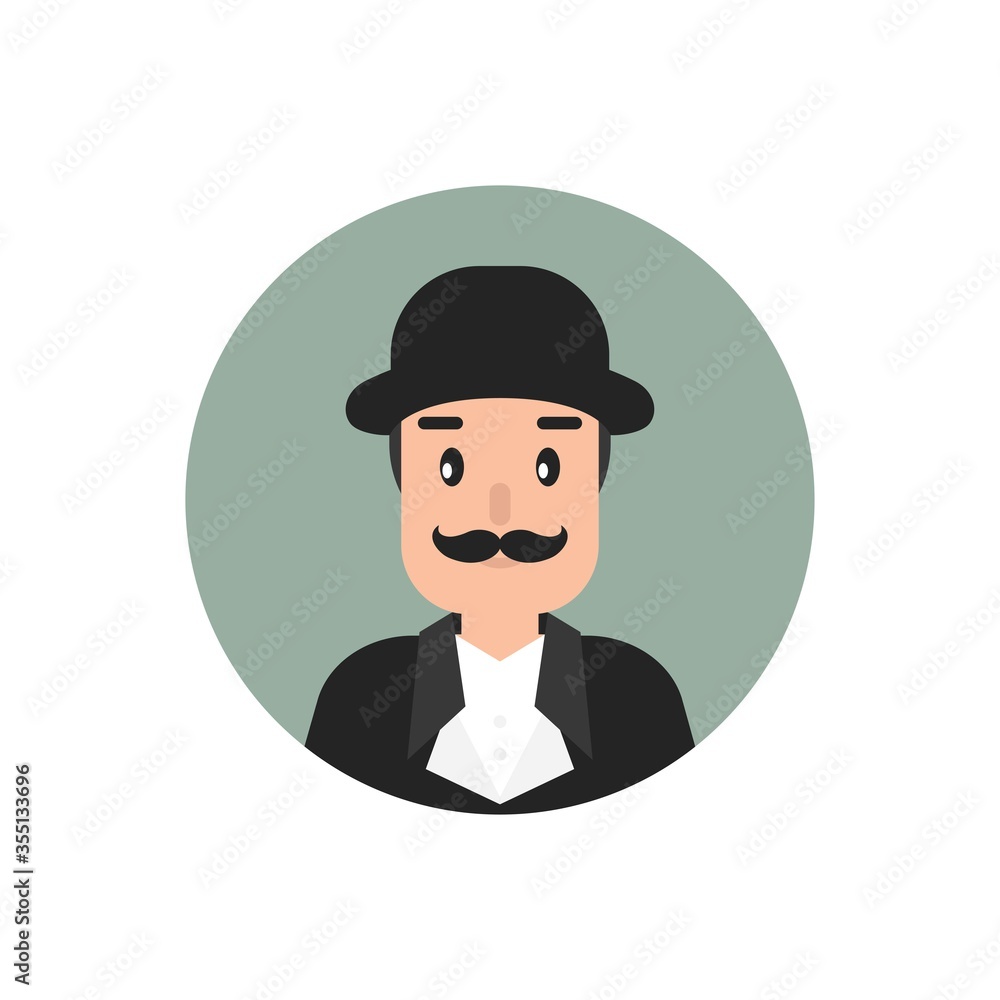 Gentleman avatar in green circle. Man's head with moustache and bowler hat.