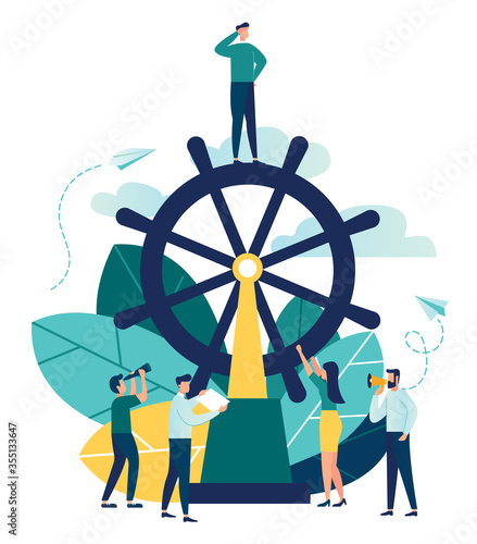 Vector business illustration, leadership qualities in a creative team, direction on a successful path, teamwork on startup