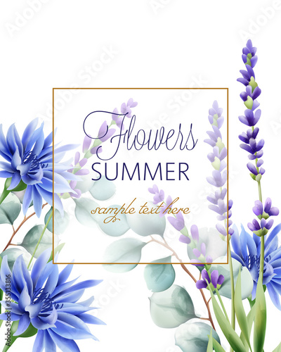 Greeting card with place for text. Blue cornflower, twig and lavender