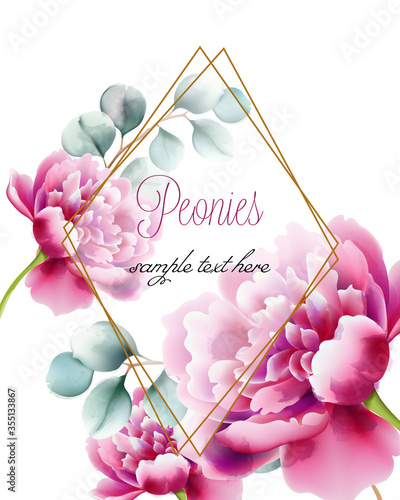 Greeting card with pink peonies flowers and twigs. Place for text in diamond ...