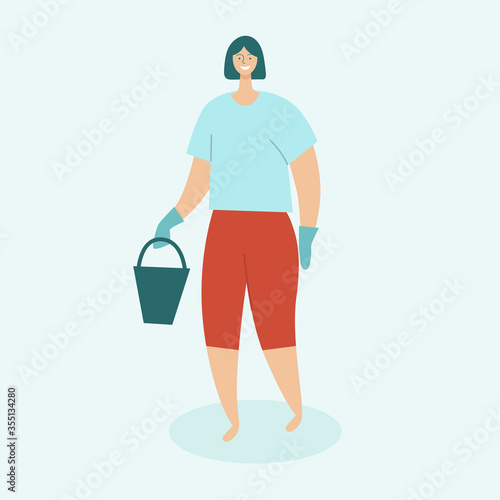 Woman cleaning house. Housewife in rubber gloves holds a bucket. Concept of home cleaning and cleanliness. Flat vector illustration on light blue background.