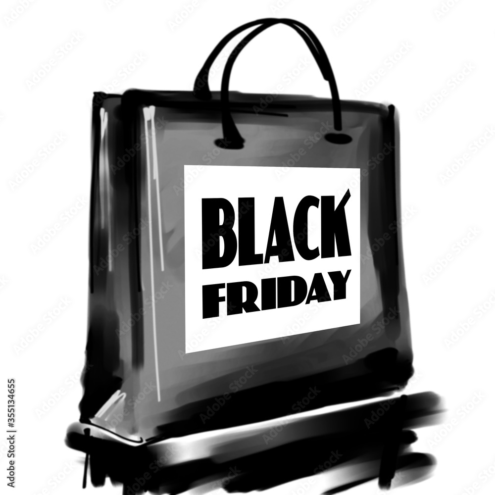 art digital acrylic and watercolor painted one monochrome dark grey shopping bag isolated on white background with label Black Friday; monochrome 3d graphic art digital acrylic and watercolor painted one monochrome dark grey shopping bag isolated on white background with label Black Friday; monochrome 3d graphic