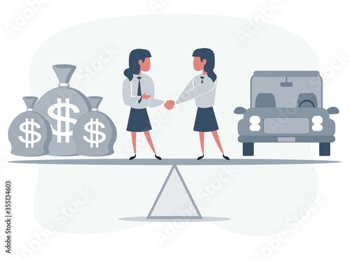 Business partners shaking hands as a symbol of unity. Business people standing on seesaw between car and three bag of money. Female work. Woman buys a car. Vector flat design illustration.