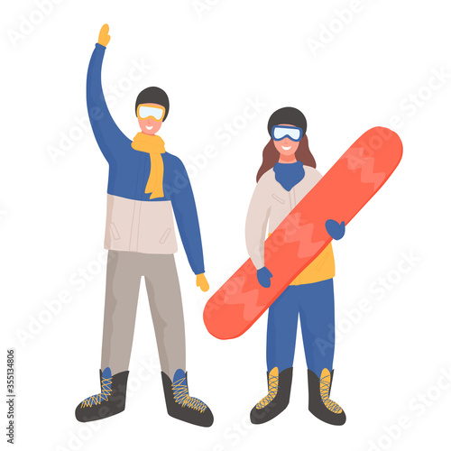 Two happy young people in winter sport clothes holding snowboard and waving vector cartoon illustration.