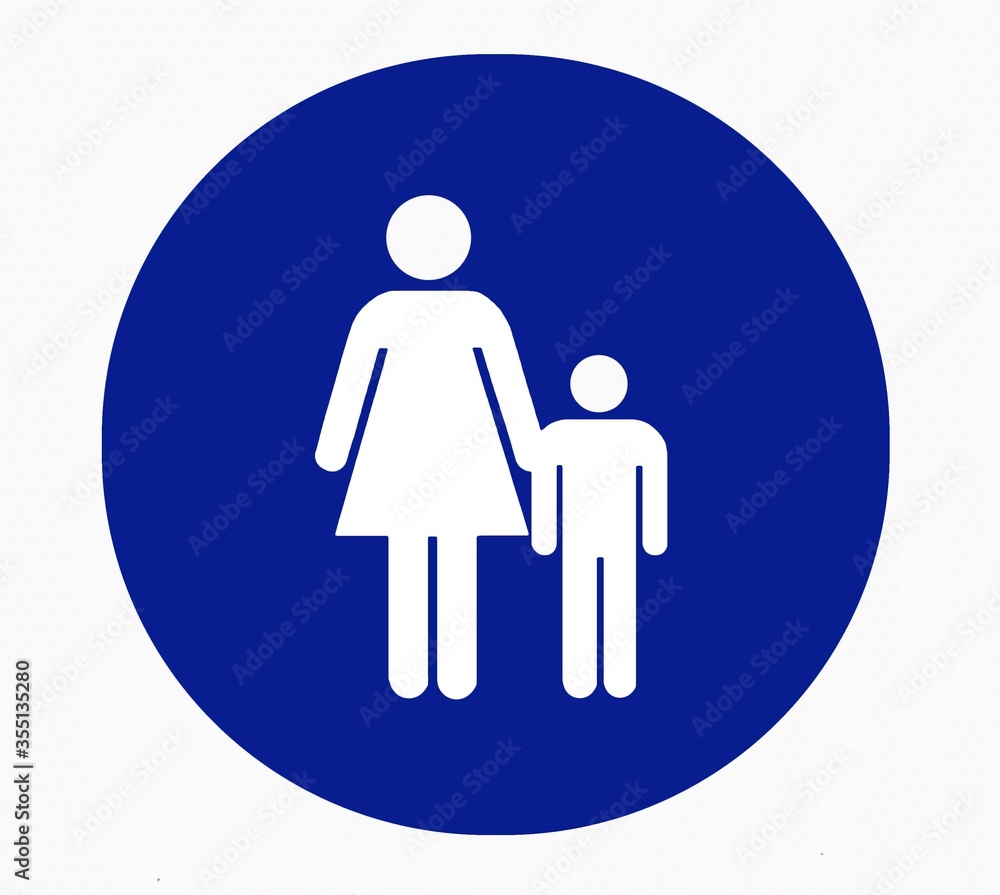 Children must be accompanied by adults, mandatory sign. Blue circle with silhouette of a mother with a kid Children must be accompanied by adults, mandatory sign. Blue circle with silhouette of a mother with a kid