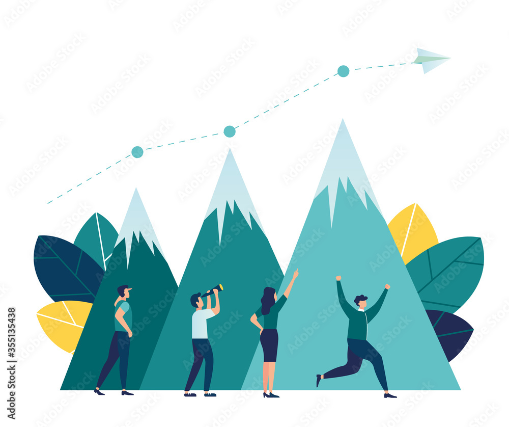 vector illustration business. business people conquer the mountain. metaphor the way to the goal and the distribution of seats between the participants. visible career growth, a company of workers rej