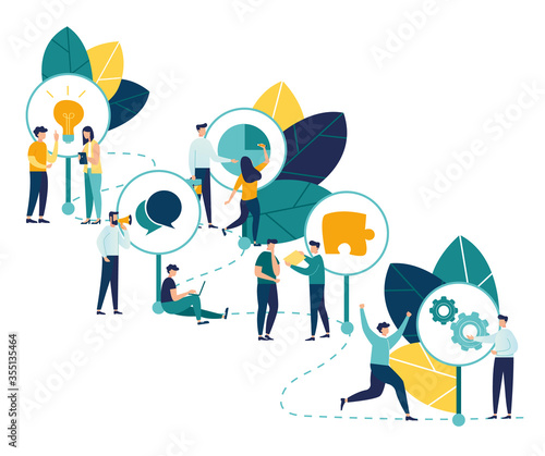 Vector infographic illustration, The main stages of the timeline with pointers on the curved road, small people stand in the company and reason over each item, History of the company development conce