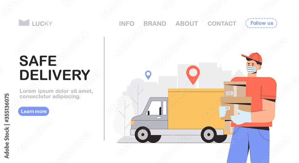 Safe delivery and courier service concept, delivery man in a medical, protective mask, holding ordered box and stands next to the van. Flat style vector illustration for web banner, landing page. Safe delivery and courier service concept, delivery man in a medical, protective mask, holding ordered box and stands next to the van. Flat style vector illustration for web banner, landing page.