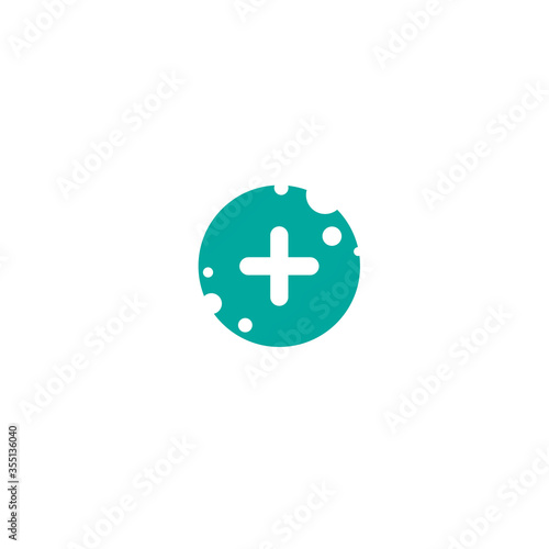white cross with in blue circle with bubbles icon. Flat vector icon isolated on white.
