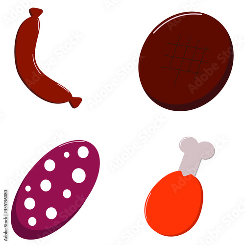 Food. Set of tasty colored meat icons. Sausage, meat, cutlet. 